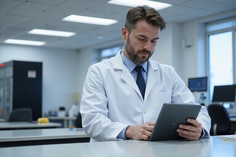 Ricercatore che analizza dati nutrizionali su un tablet in un laboratorio