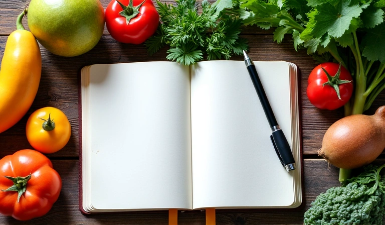 Taccuino aperto con penna e ingredienti freschi