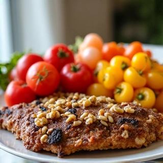 Piatto colorato e bilanciato con proteine magre, cereali integrali e abbondanti verdure fresche, rappresentando un pasto sano.
